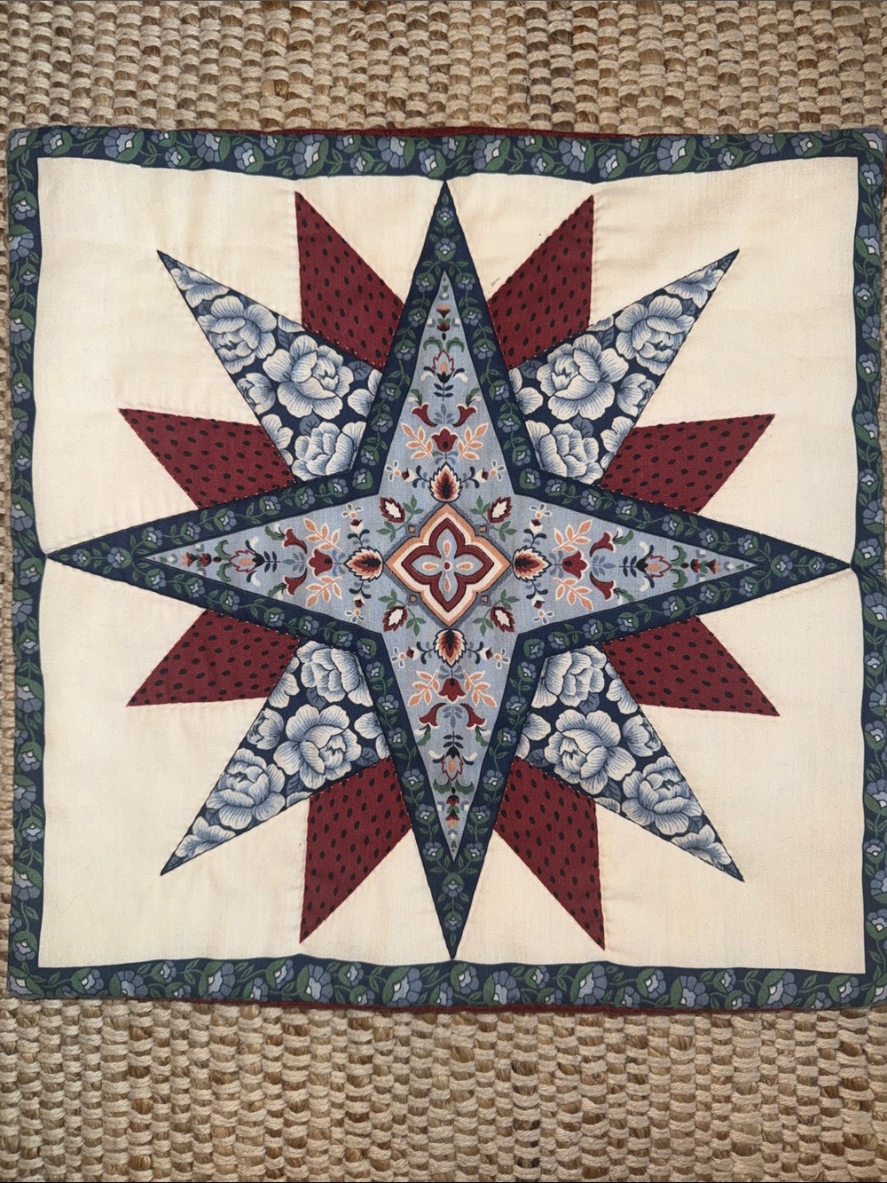 Starburst Patchwork Quilted pillow - Blue, Burgundy, Cream